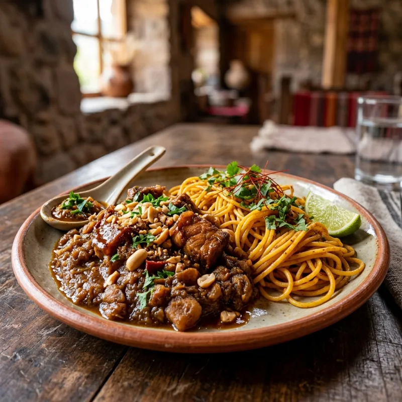 Authentic Peruvian Carapulcra con Sopa Seca served on a ceramic plate in Ica
