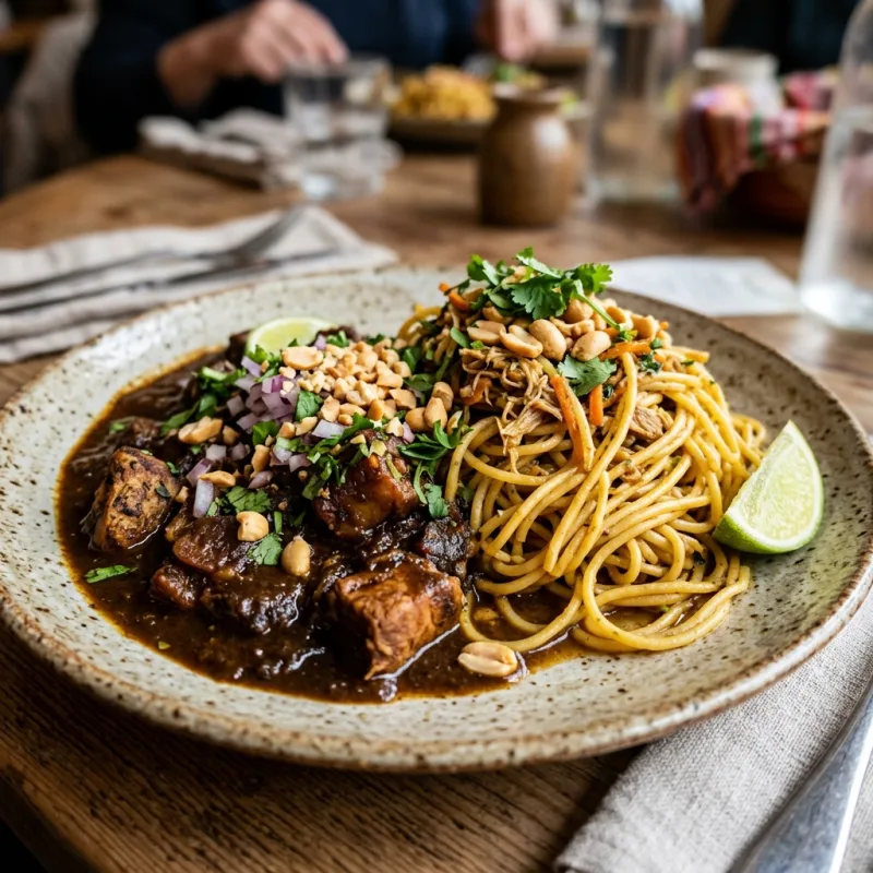 Authentic Carapulcra con Sopa Seca served in a traditional clay dish