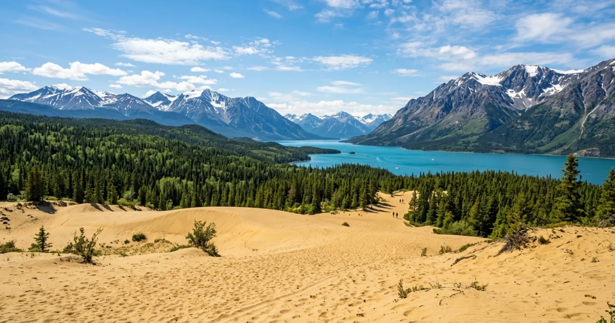 Panoramic view of Carcross Desert with sand dunes, green boreal forest, and Bennett Lake in the Yukon