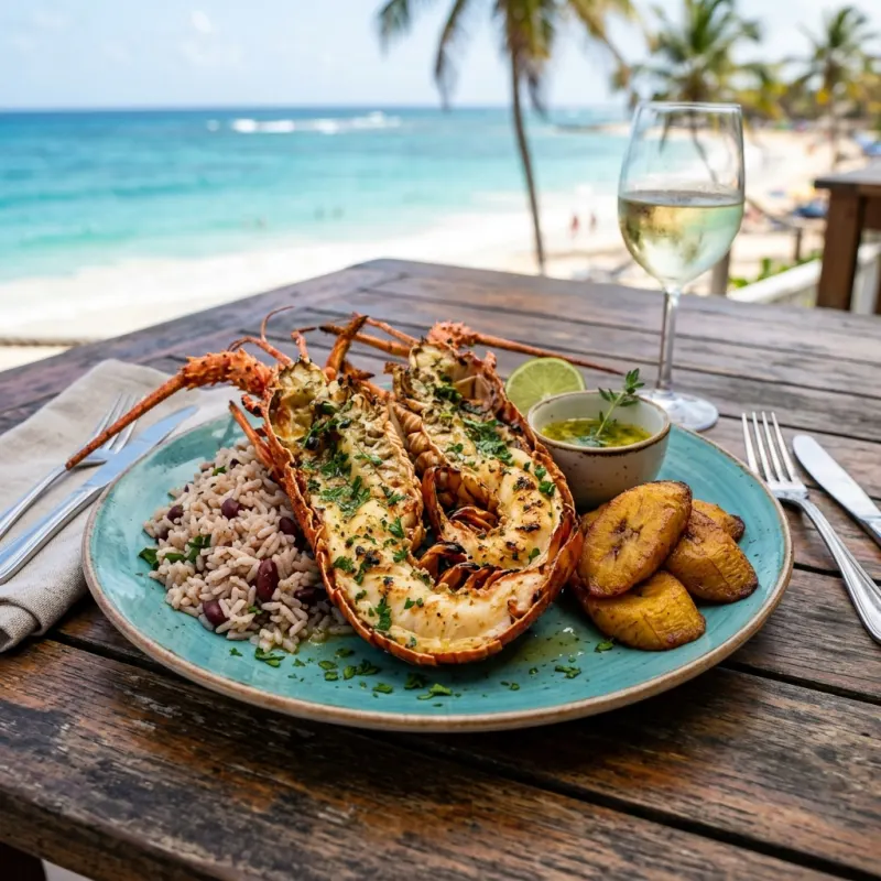 Grilled Caribbean Spiny Lobster with peas and rice