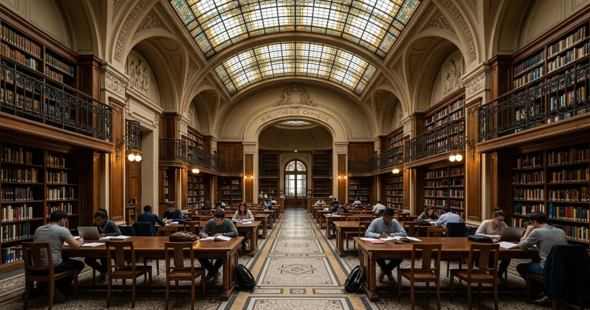 Interior view of the Art Deco reading room at the Carnegie Library in Reims