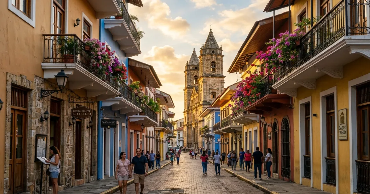 Charming colonial cobblestone street in Casco Viejo with historic pastel buildings in Panama City