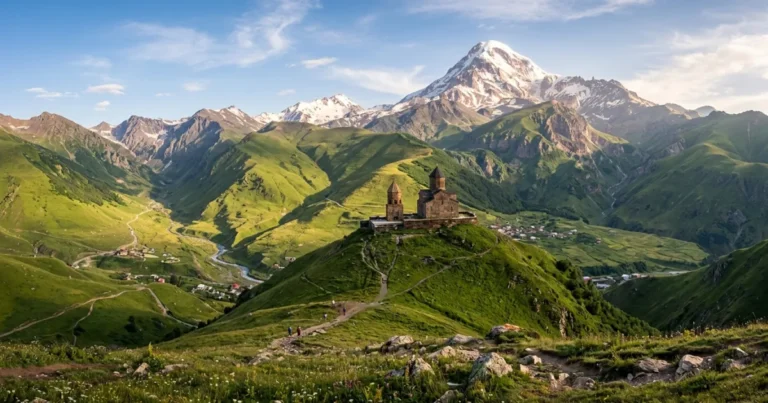 Caucasus Mountains 1 Panoramic view of the Gergeti Trinity Church with Mount Kazbek in the Caucasus Mountains of Georgia