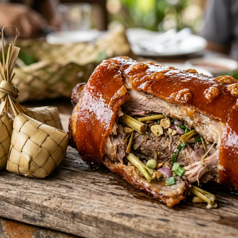 Authentic Cebu lechon roasted whole pig with crispy skin and fragrant herbs