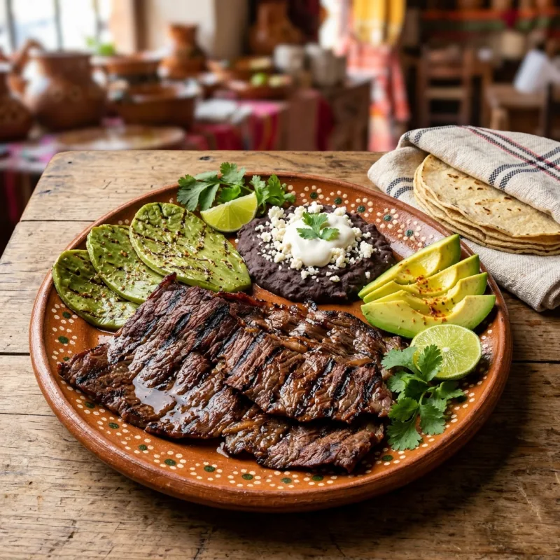 Authentic grilled Cecina de Yecapixtla served with avocado, cheese, and tortillas on a clay platter