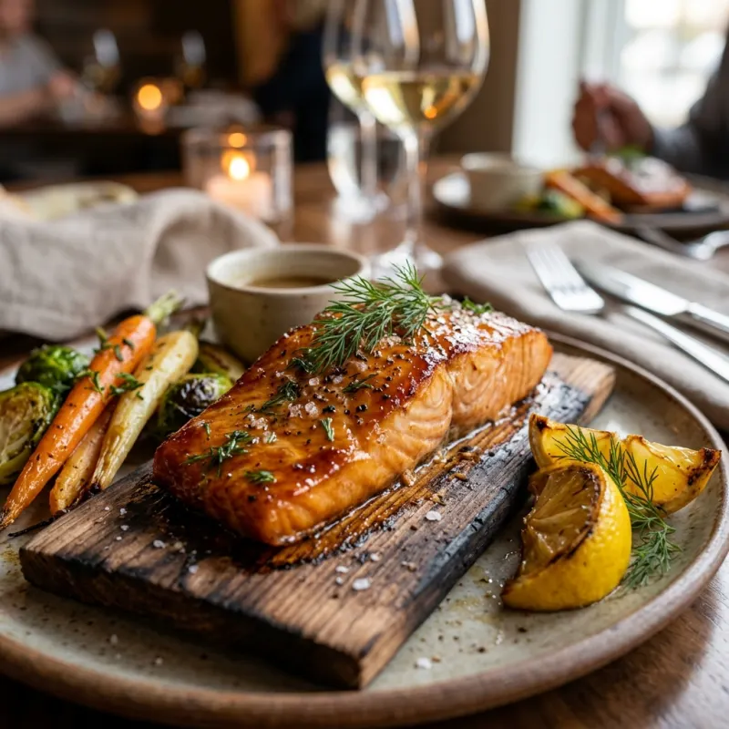 Wild cedar plank Pacific salmon roasted with herbs and lemon