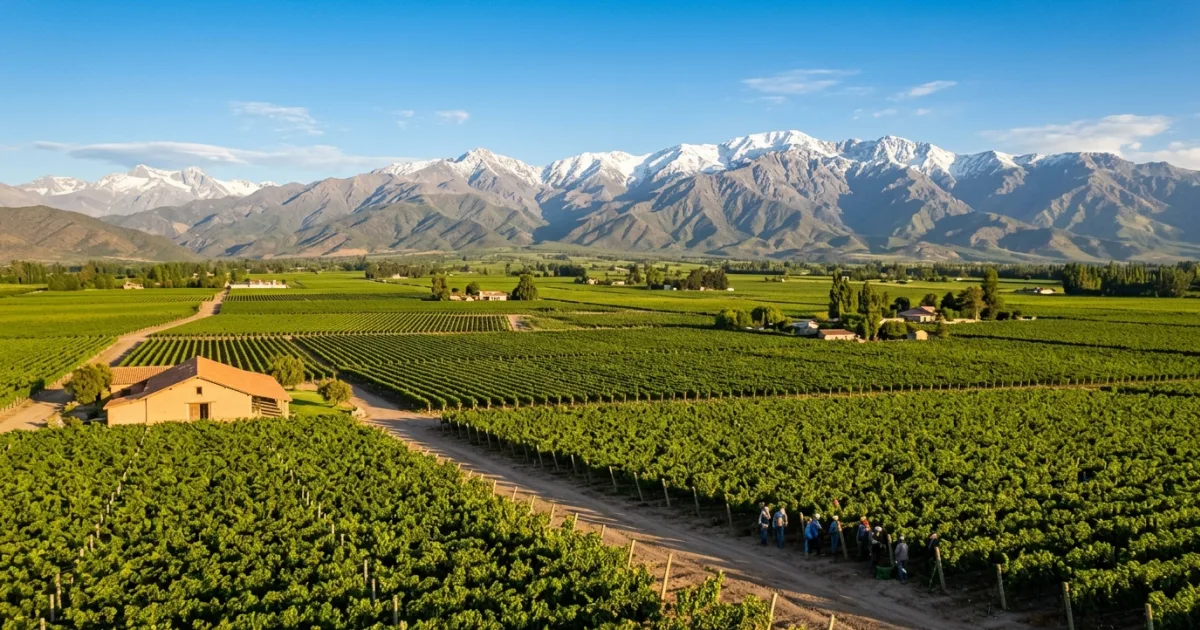 Panoramic view of vineyards and the Andes Mountains in Central Chile