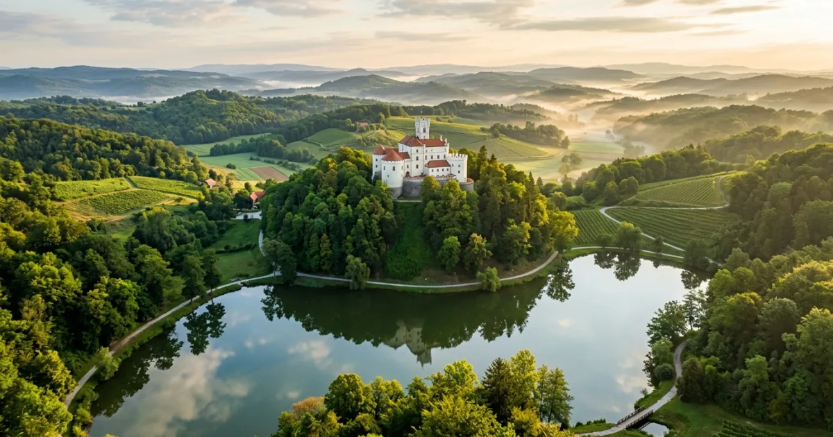Panoramic view of Trakošćan Castle on a green hill overlooking a lake in Central Croatia