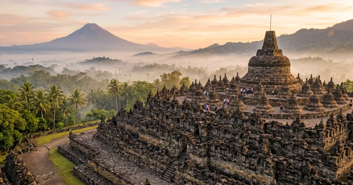 Borobudur Temple stupas at sunrise overlooking the lush misty plains of Central Java