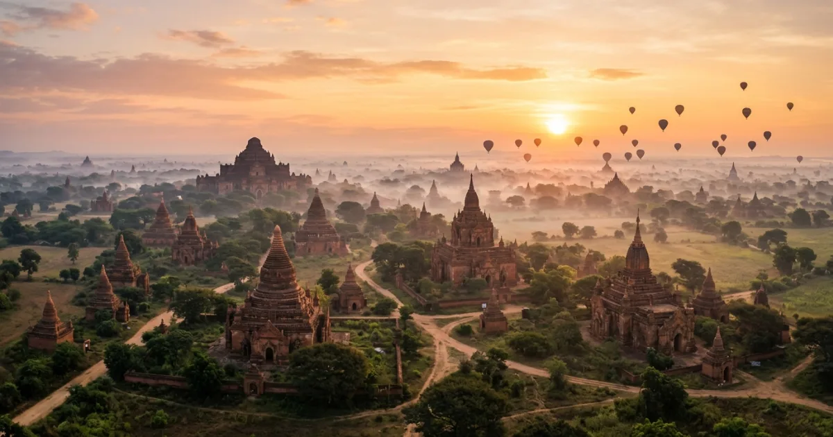 Panoramic sunrise over the ancient temple plains of Bagan in Central Myanmar