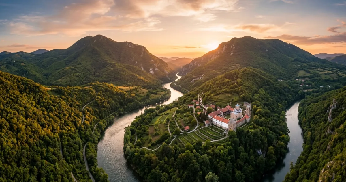 Panoramic aerial view of Ovčar-Kablar Gorge and the winding river in Central Serbia at golden hour