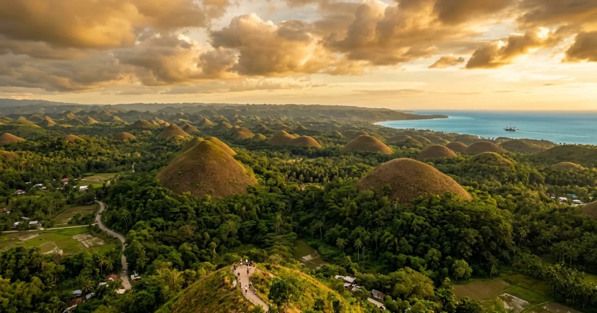 Panoramic vista of the Chocolate Hills and tropical coast in Central Visayas, Philippines