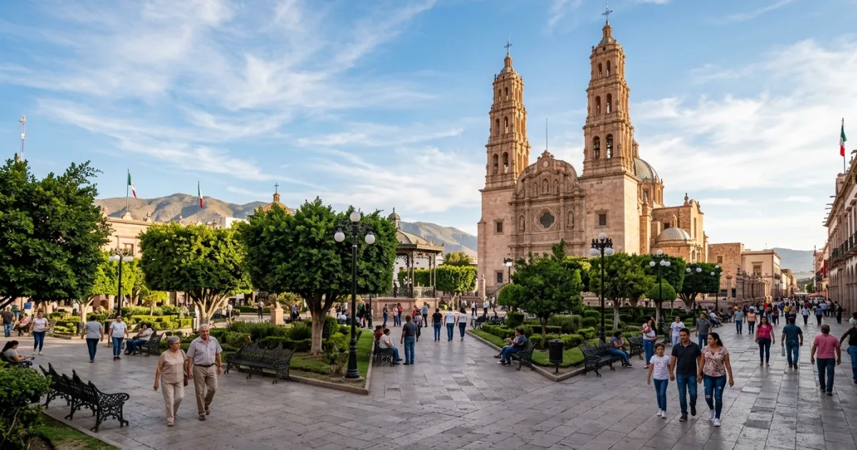 Panoramic view of Plaza de Armas and the Baroque Metropolitan Cathedral in Centro Historico Chihuahua