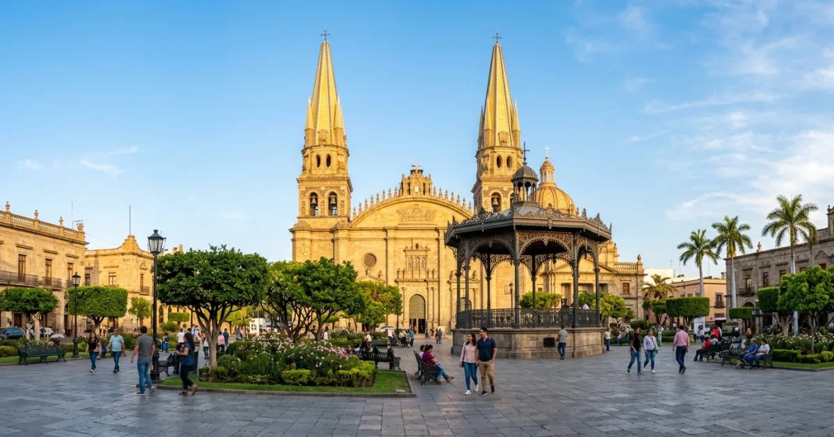 Wide angle view of Guadalajara Cathedral with yellow spires rising above Plaza de Armas in Centro Historico Guadalajara