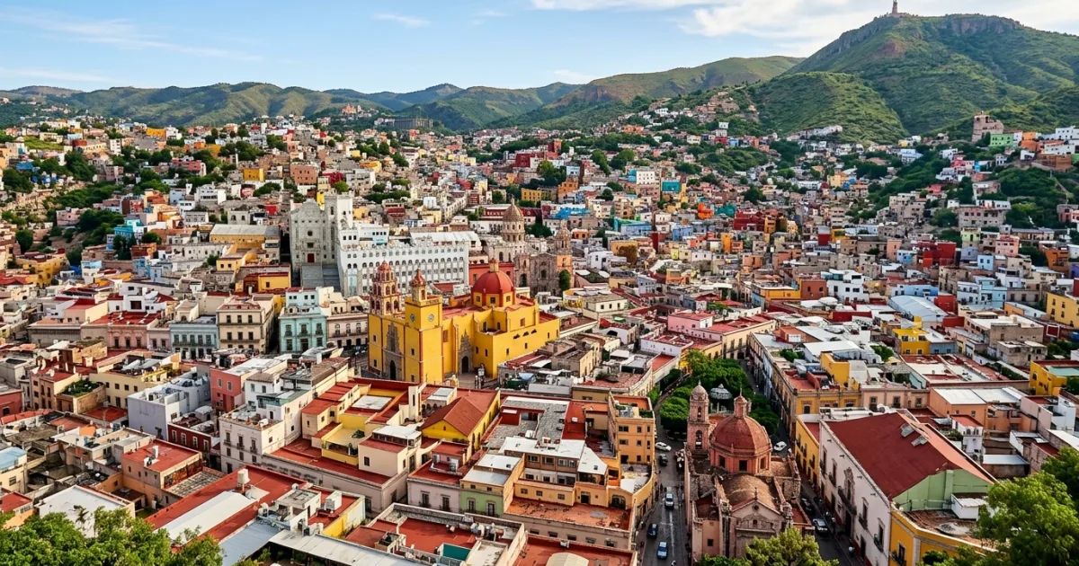 Panoramic wide view of Centro Historico Guanajuato showing colonial basilicas and pastel hillside houses