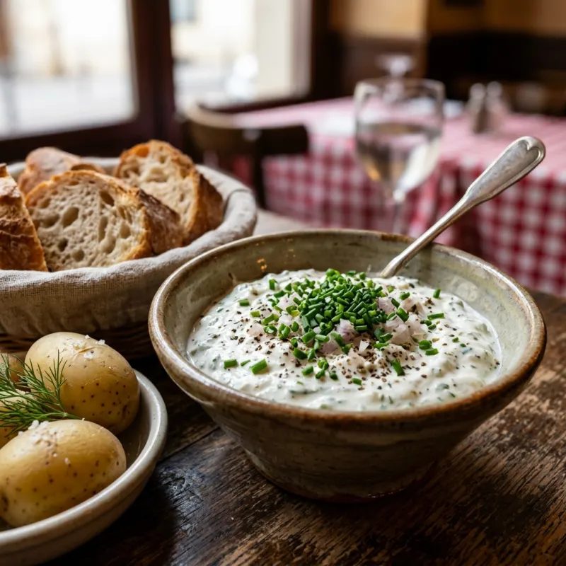 Authentic Cervelle de canut served with sliced baguette and boiled potatoes in Lyon