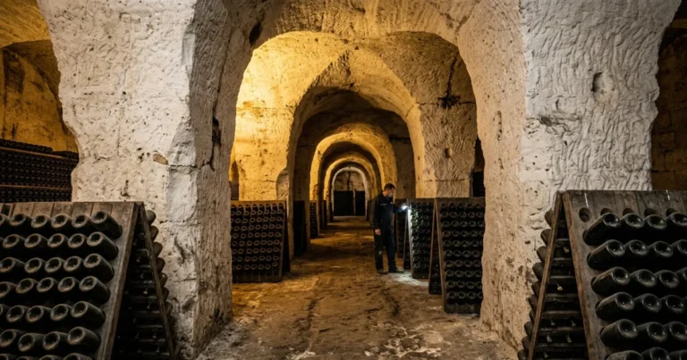 Champagne Cellars 11 Ancient chalk cellars in Reims filled with aging champagne bottles