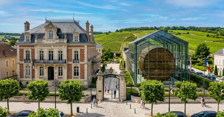 Champagne Mercier 4 The grand entrance and glass atrium of Champagne Mercier in Epernay, France