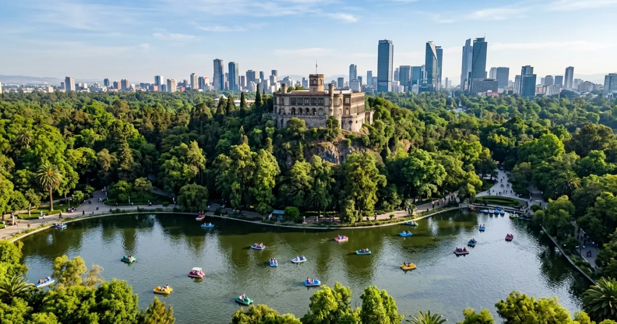 Chapultepec Park lake and castle surrounded by trees in Mexico City