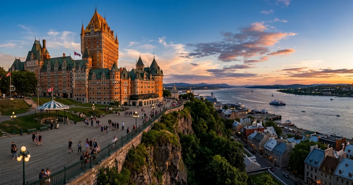 Fairmont Le Chateau Frontenac castle overlooking Dufferin Terrace and Saint Lawrence River at sunset