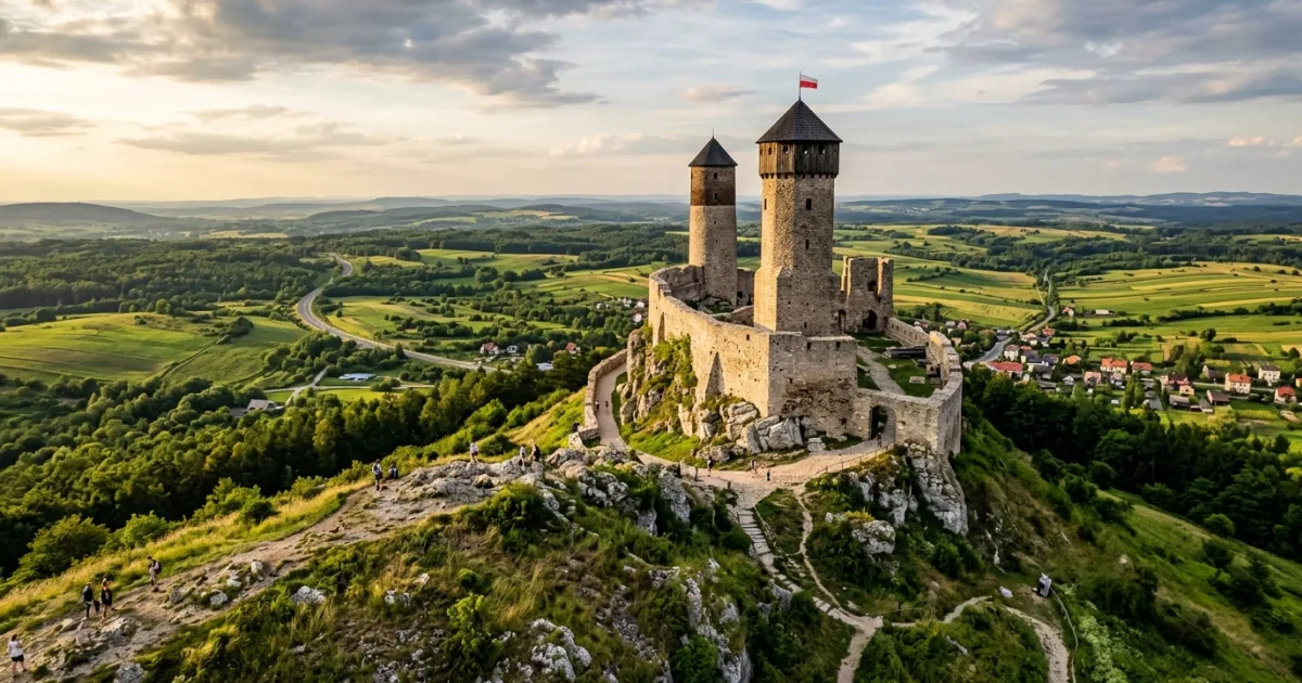 Wide-angle view of the medieval stone ruins of Royal Castle in Checiny on a hilltop under golden hour sunlight