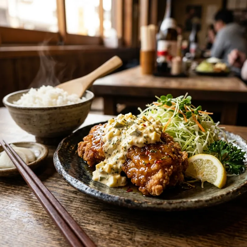 Japanese Chicken Nanban served with tartar sauce and shredded cabbage
