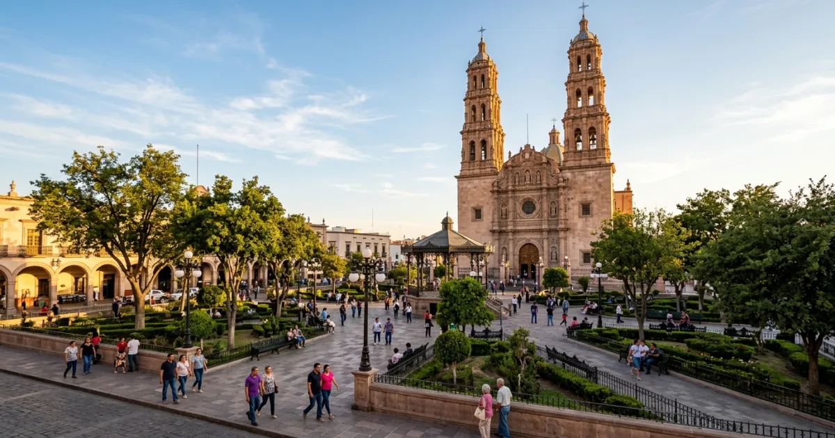 Chihuahua City Cathedral and Plaza de Armas at golden hour