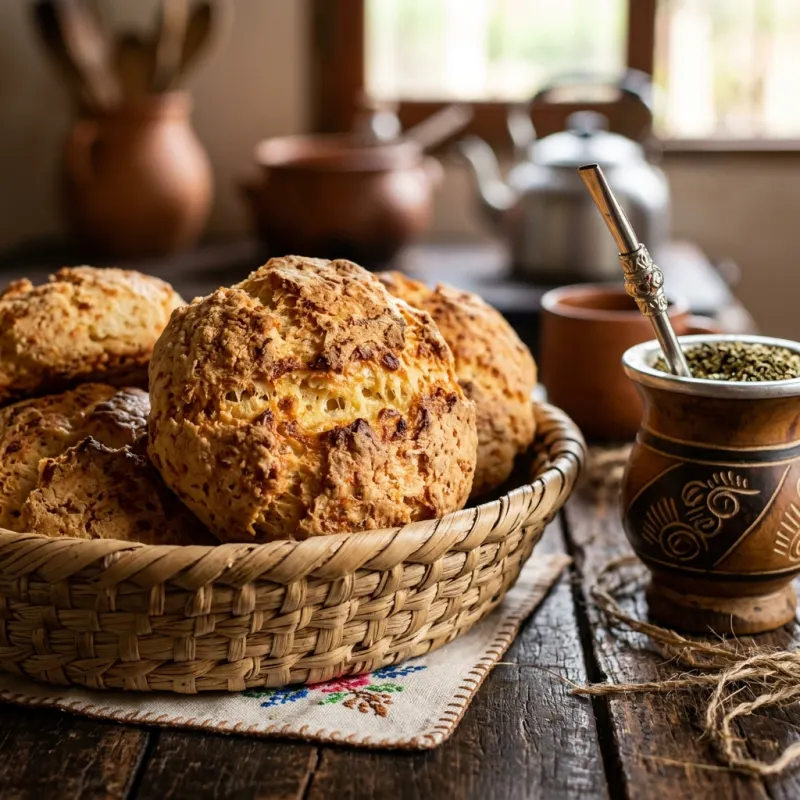 Freshly baked Paraguayan Chipa Barrero in an artisan basket