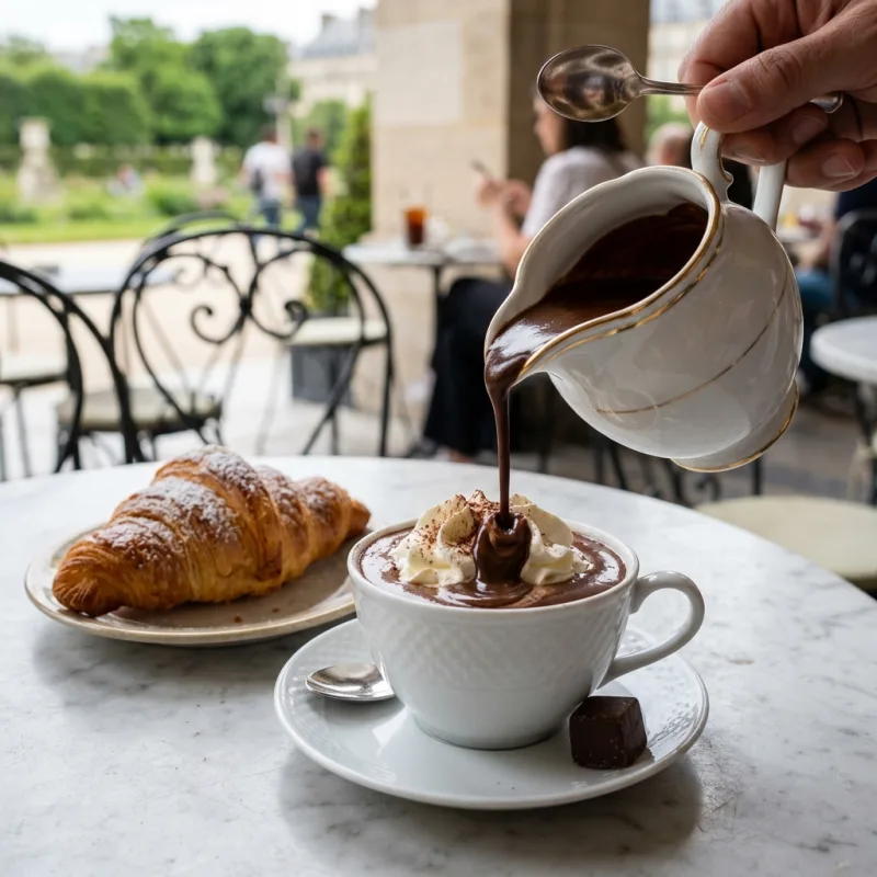 Rich traditional Parisian hot chocolate poured from a porcelain pot beside whipped cream and a pastry.