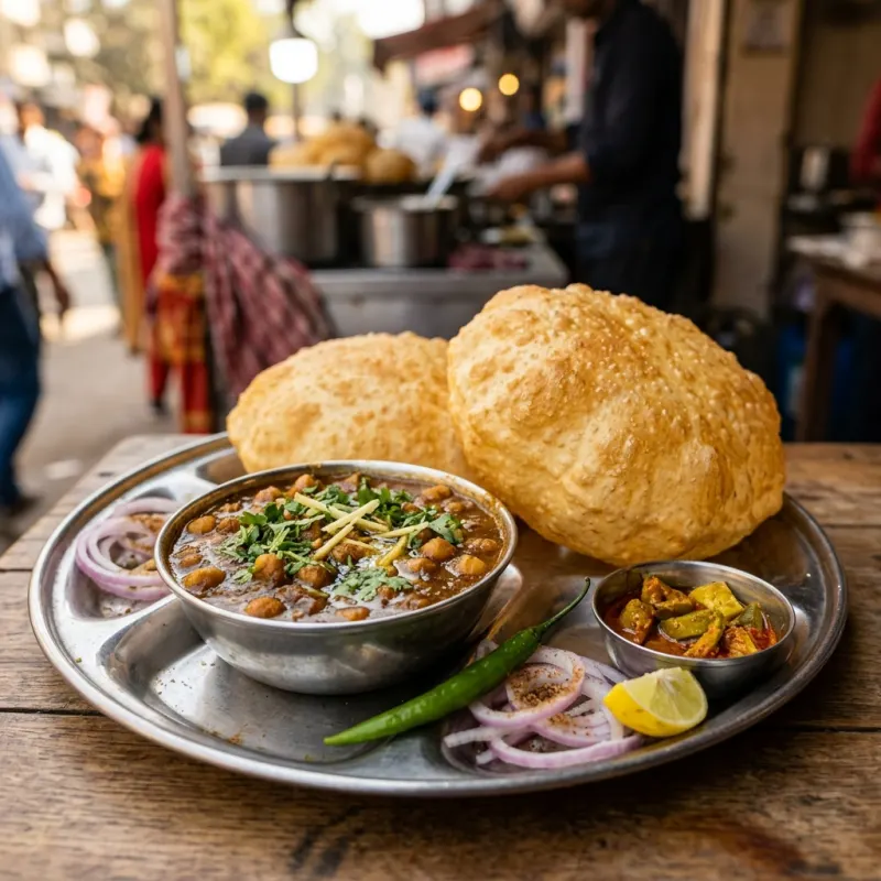 A plate of Chole Bhature with spicy chickpeas and fried bread