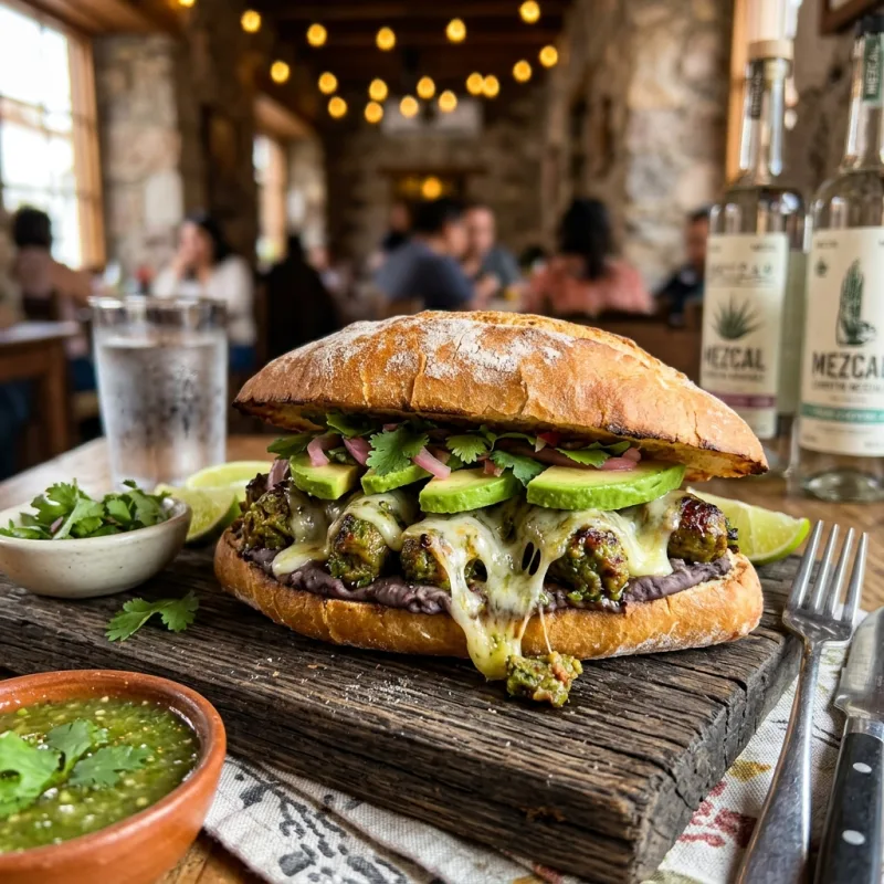 Mexican torta filled with grilled green chorizo and melted cheese