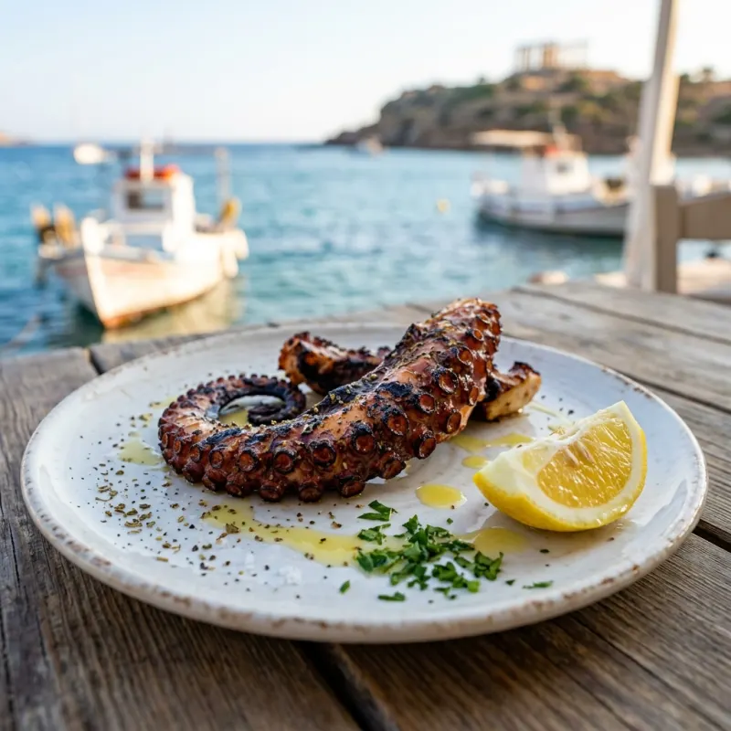 Freshly grilled Greek octopus tentacle seasoned with oregano and lemon on a seaside taverna table