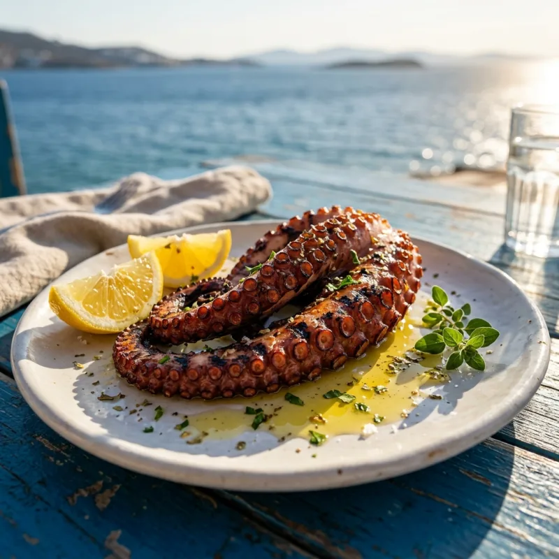 Charcoal-grilled Greek octopus served on a ceramic plate with lemon wedges overlooking the sea