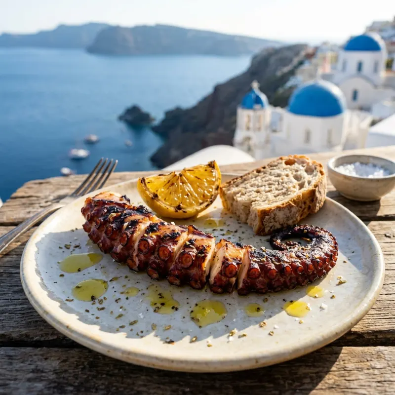 Charcoal-grilled Greek octopus tentacle seasoned with olive oil, lemon, and oregano at a coastal seaside tavern
