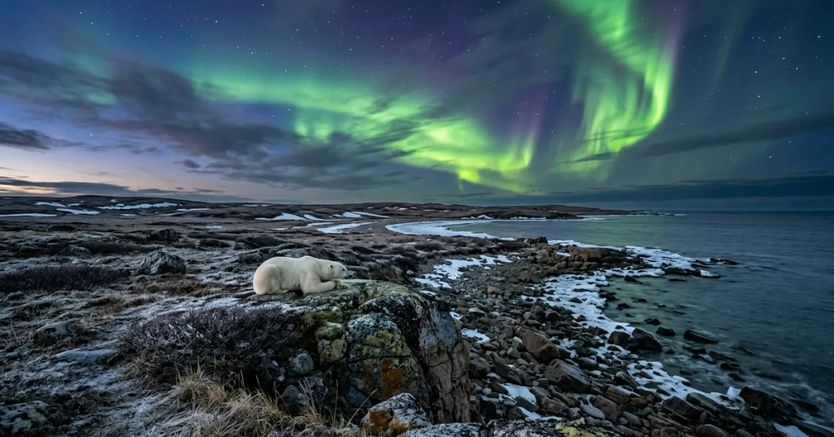 Panoramic landscape of Churchill Manitoba subarctic tundra with a wild polar bear and aurora borealis overhead