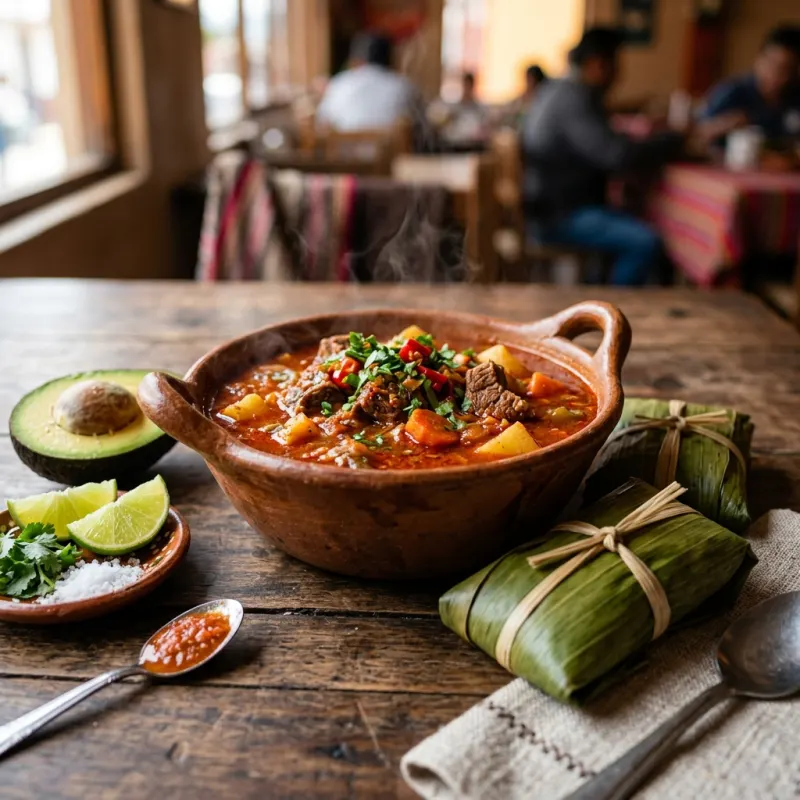 Authentic bowl of Churipo beef stew served with leaf-wrapped corundas in Uruapan Michoacan