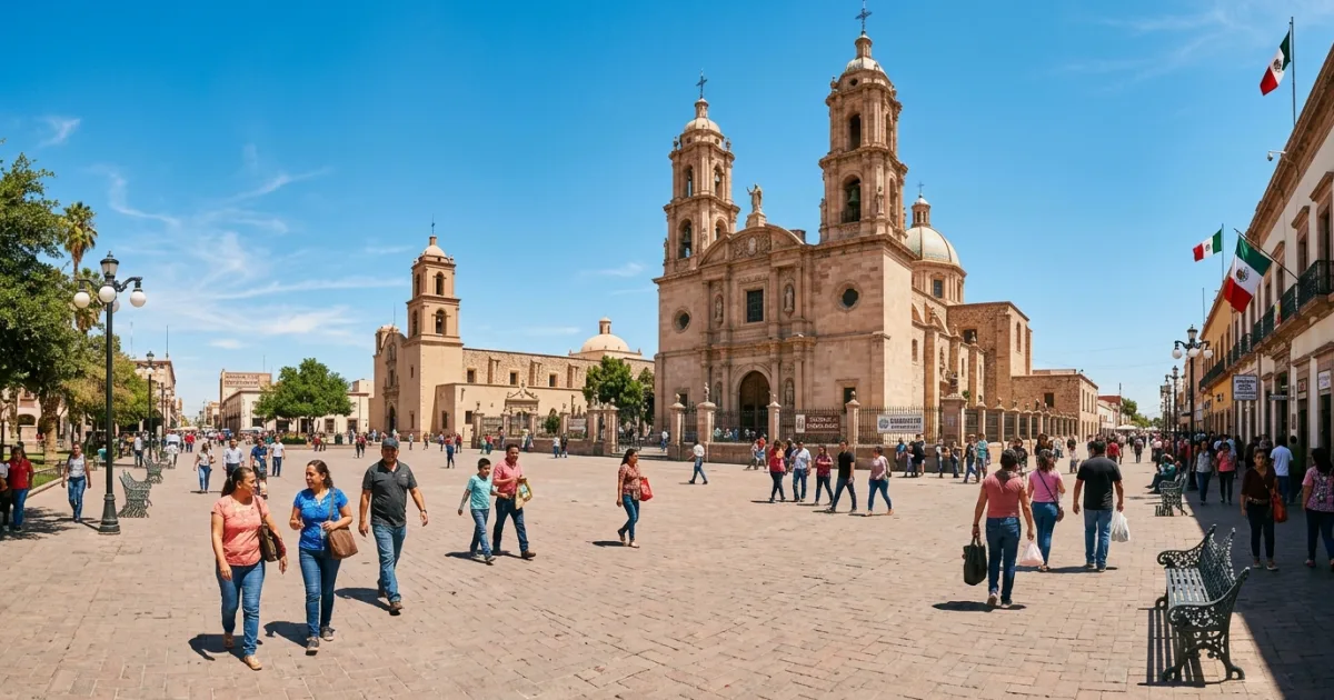 Cathedral of Ciudad Juarez and historic mission in the central plaza under clear skies