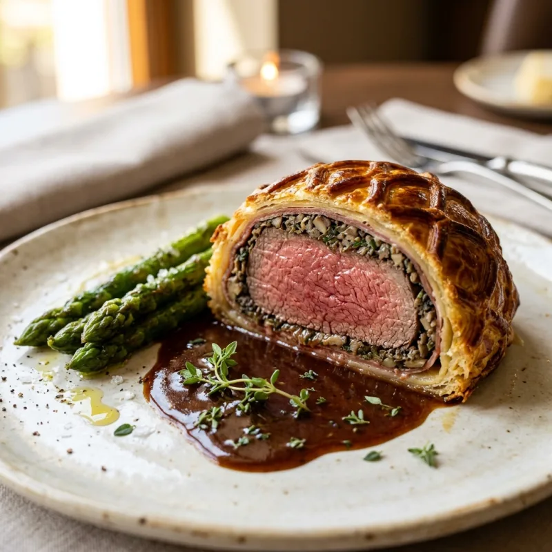 Golden-crusted Classic Beef Wellington served with vegetables and red wine reduction