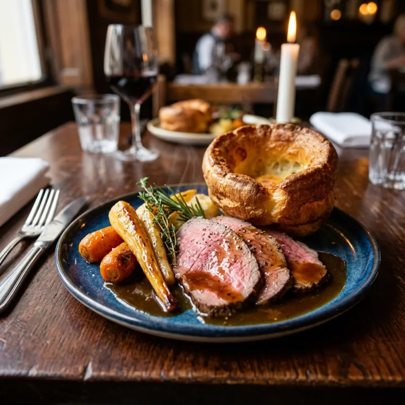 British roast beef with Yorkshire pudding and rich gravy
