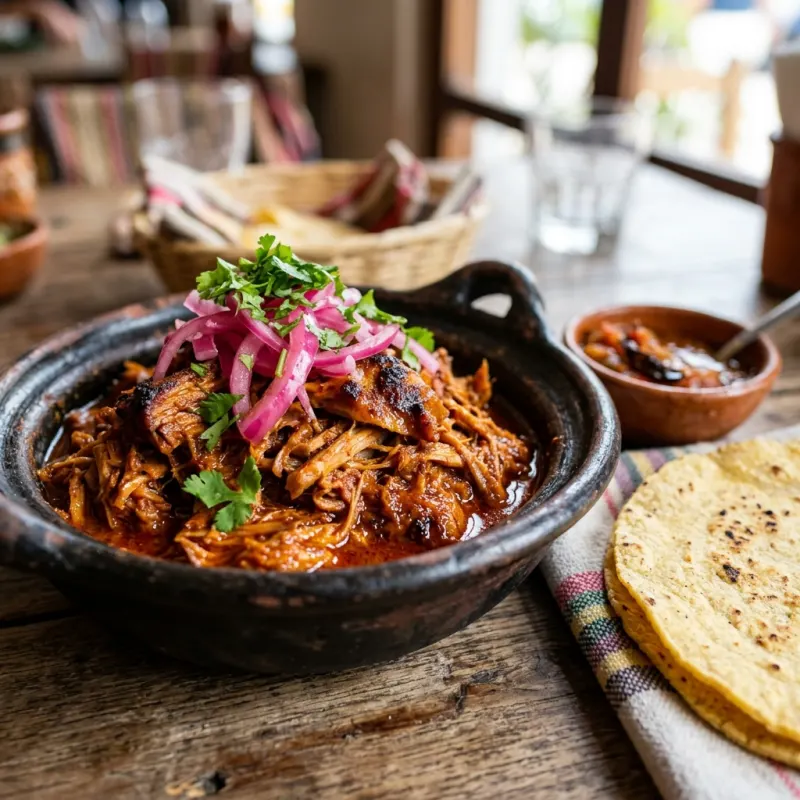 Traditional Yucatecan Cochinita Pibil served with pickled red onions and handmade corn tortillas
