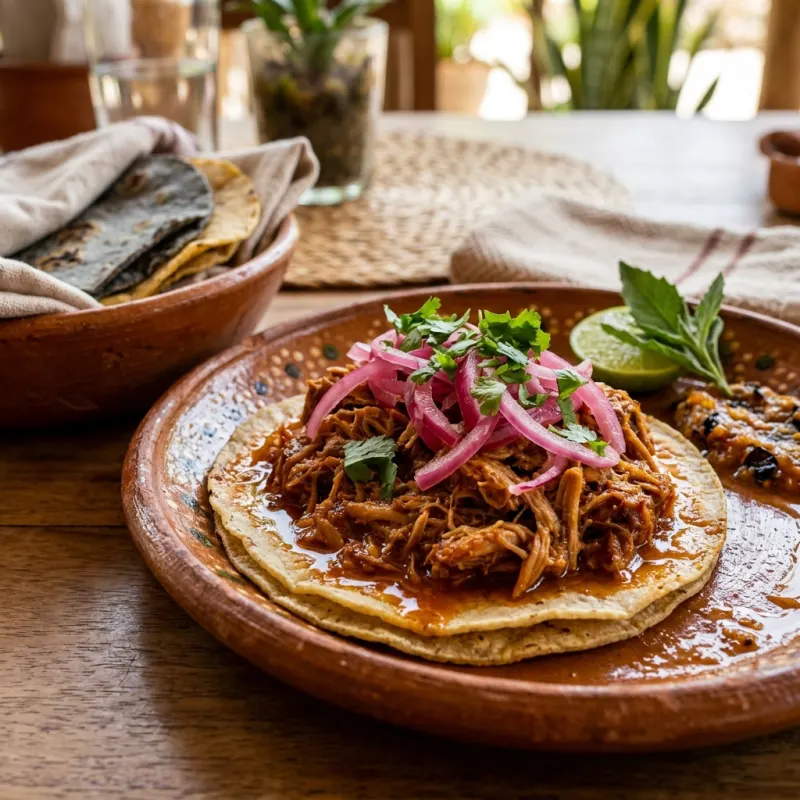 Authentic Mexican Cochinita Pibil pork with pickled red onions on a clay plate