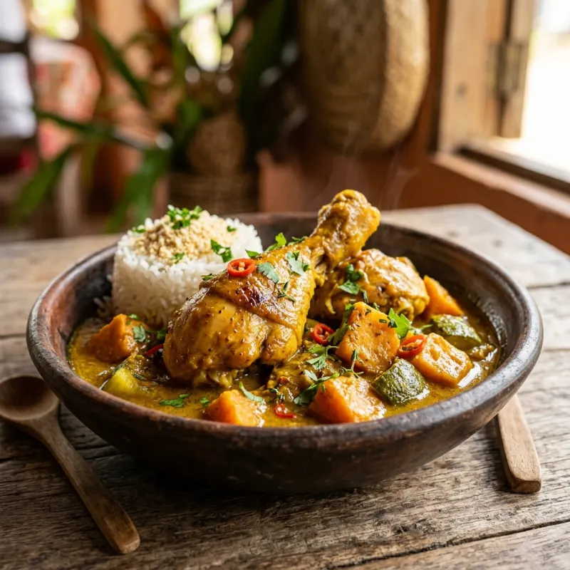 Colombo de Poulet served with rice and couac in Mana, French Guiana