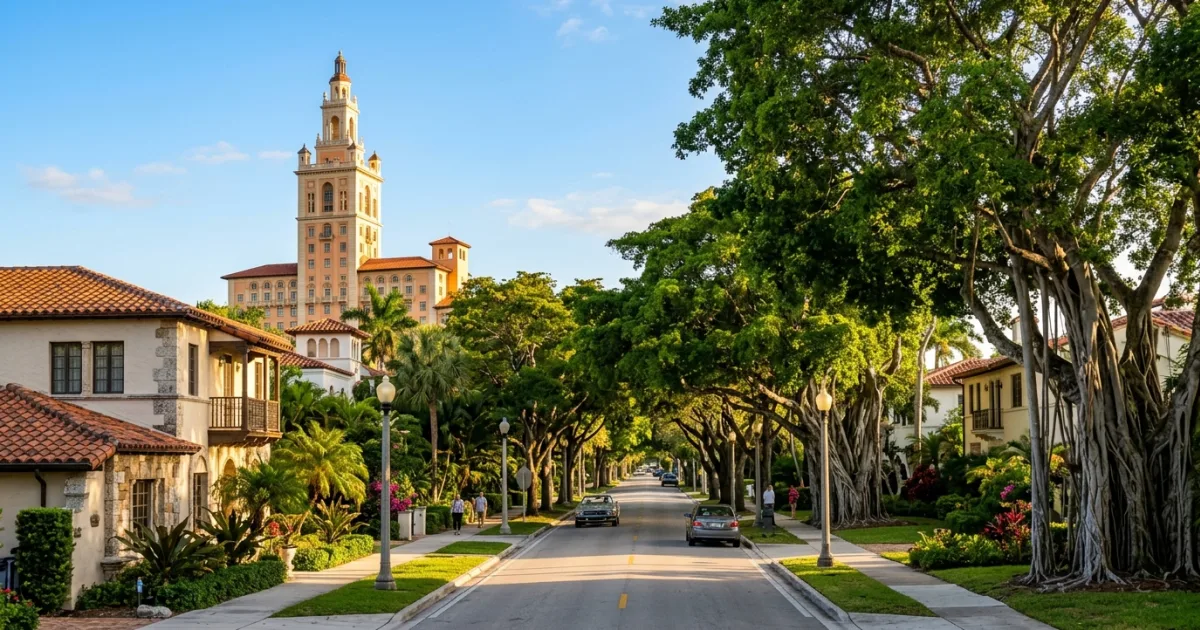 Scenic wide-angle view of Mediterranean Revival architecture and banyan trees in Coral Gables Florida