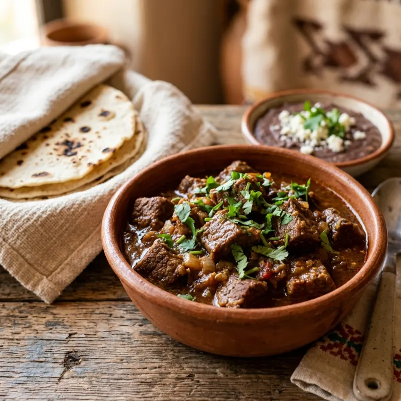 Bowl of Mexican cortadillo norteño beef stew with flour tortillas