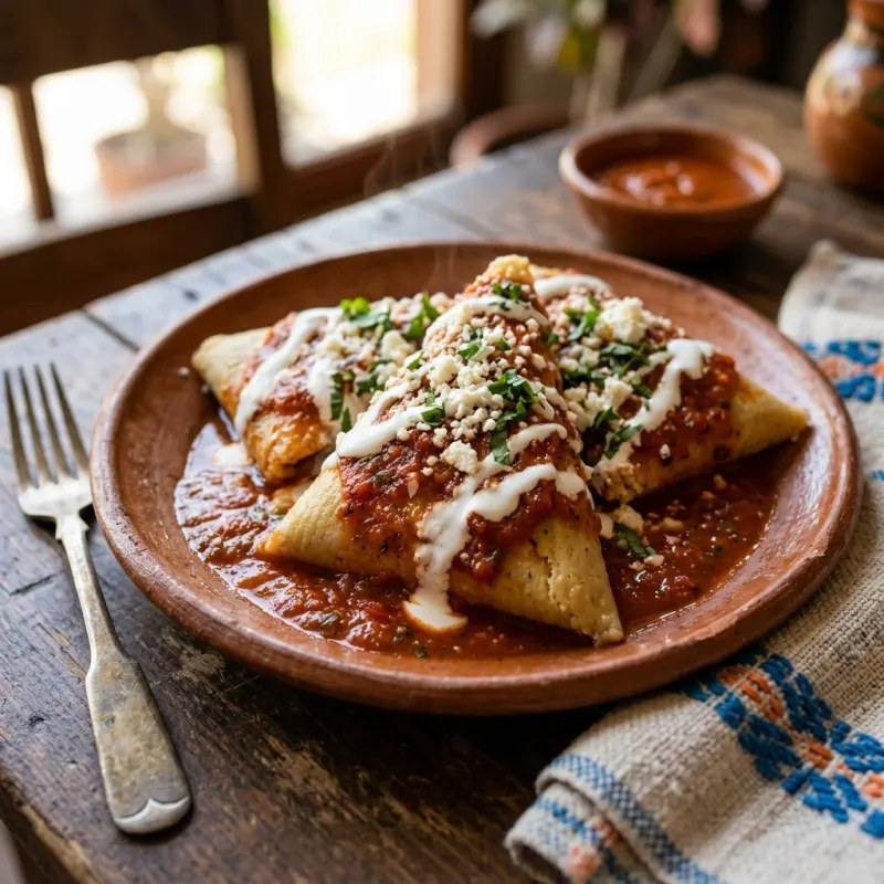 Authentic Mexican Corundas tamales served with red salsa, crema, and cotija cheese