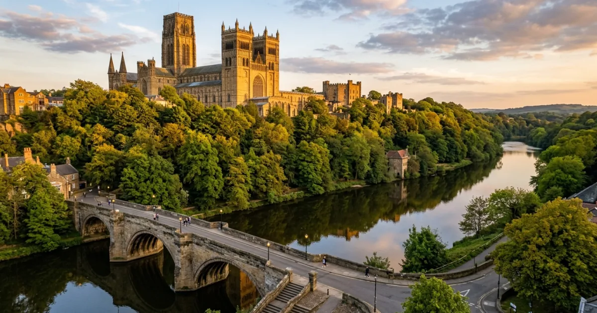 Panoramic view of Durham Cathedral and Castle perched over the River Wear in County Durham