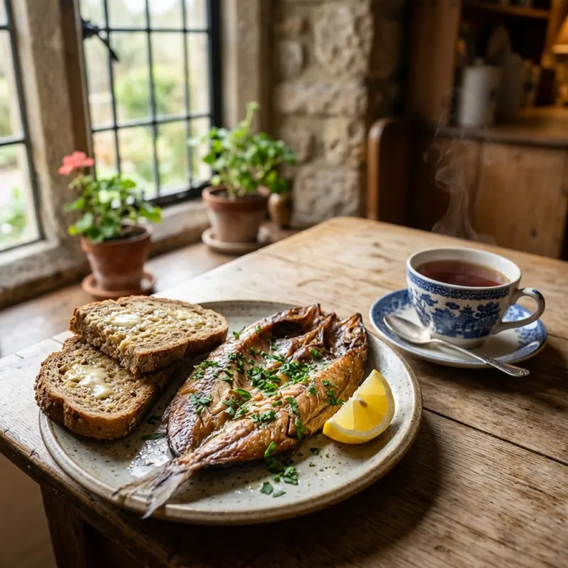 Authentic smoked Craster kippers served on a plate with buttered bread and lemon
