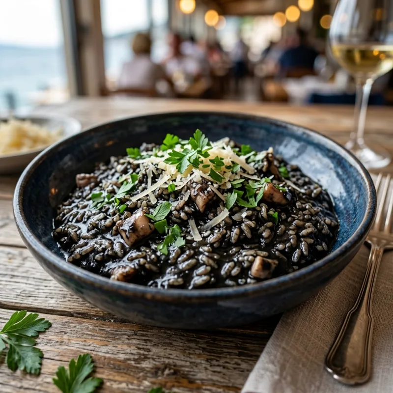 Authentic Dalmatian black cuttlefish risotto served in a traditional Zadar restaurant