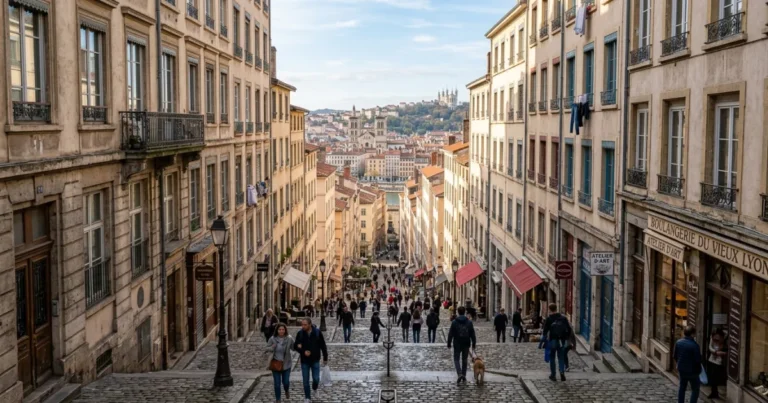 Croix-Rousse District 1 View down the cobblestone steps of Montée de la Grande-Côte in the Croix-Rousse district of Lyon