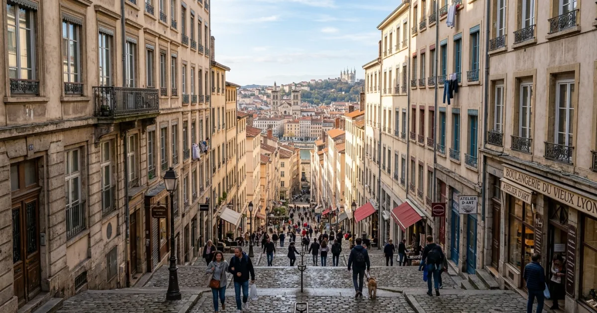 View down the cobblestone steps of Montée de la Grande-Côte in the Croix-Rousse district of Lyon